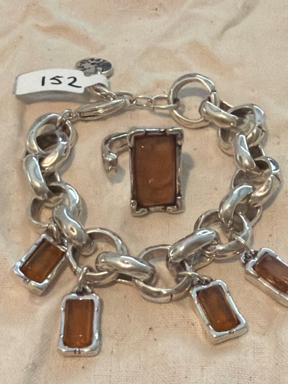 Tra-La-Rá Silver Chain Charm Bracelet and Ring Set with Amber Rectangular Stones